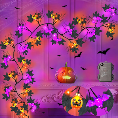 9FT 72 LED Halloween Willow Vine Twig Decor Black Halloween Garland with Pumpkin Bat Orange & Purple Light, 8 Modes Waterproof Battery Operated Halloween Lights Indoor Halloween Decorations Wall Table