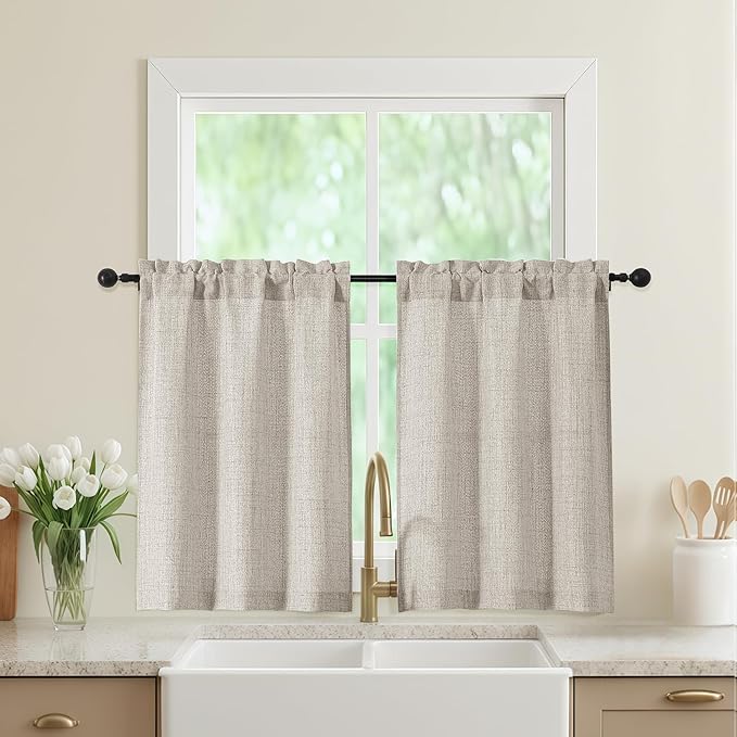 Linen Kitchen Curtains 36 Inch Length 2 Panels, Light Filtering Farmhouse Faux by WelvetBLK