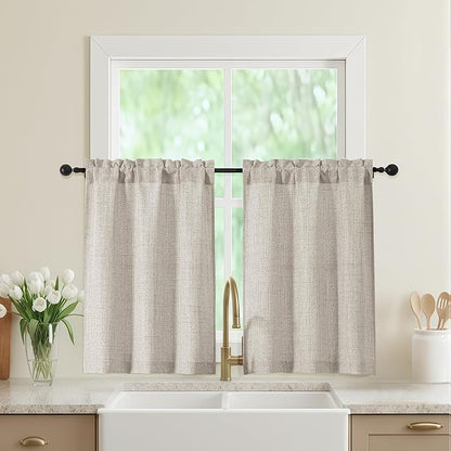 Linen Kitchen Curtains 36 Inch Length 2 Panels, Light Filtering Farmhouse Faux by WelvetBLK