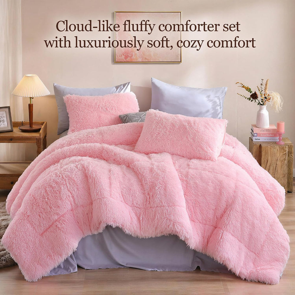 Fluffy Queen Comforter Set, Faux Fur Pink Comforter Set 3 Pcs
