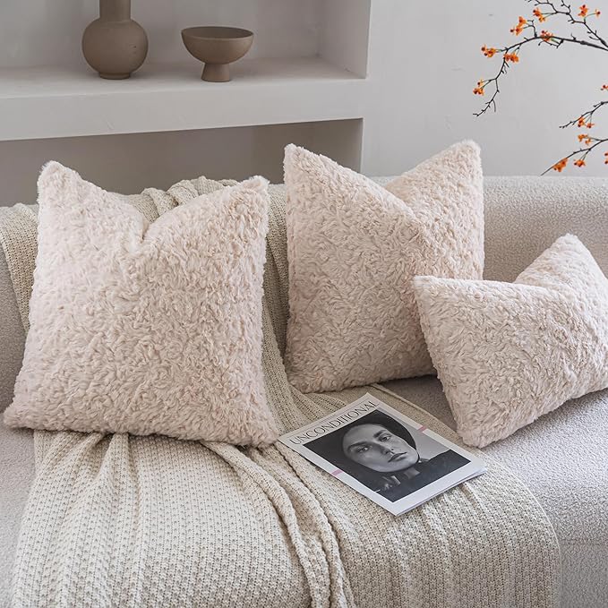Neelvin Set of 2 Faux Fur Throw Pillow Covers 20x20 Inch Beige Cozy Soft Solid - Image 4