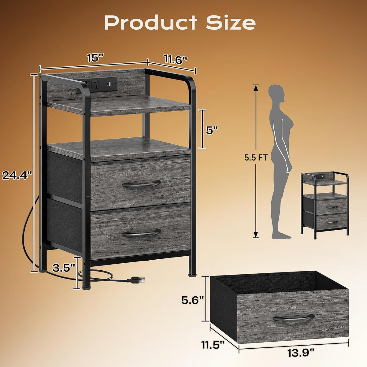 huuger nightstands set of 2, night stand, charging, close-up detail