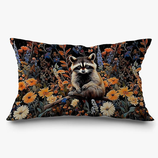 Moody Floral Raccoon Pillow Covers 12x20, Gifts by Exqcom