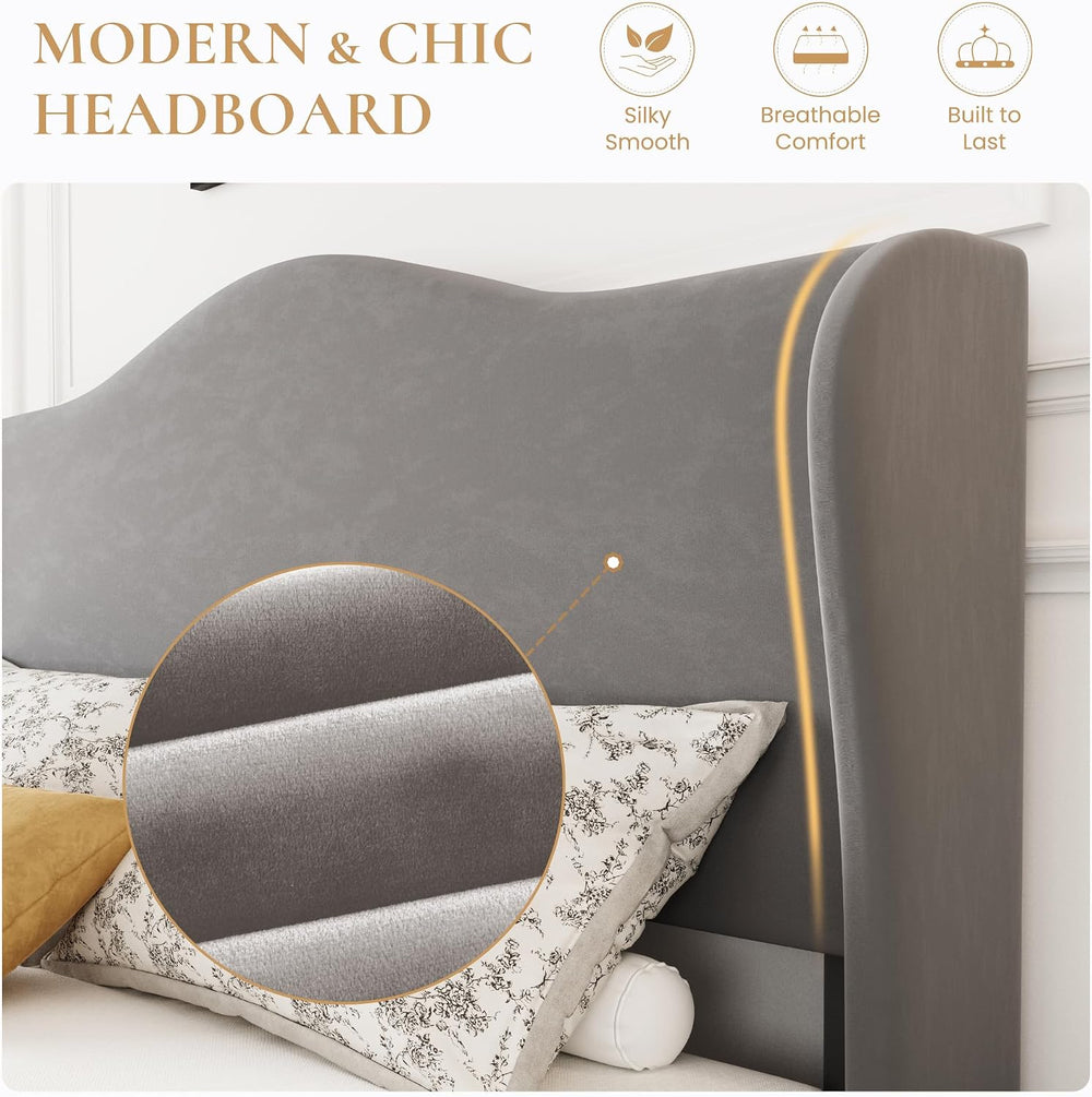 SHA CERLIN Queen Size Bed Frame with Curved Wingback Headboard, Soft Grey