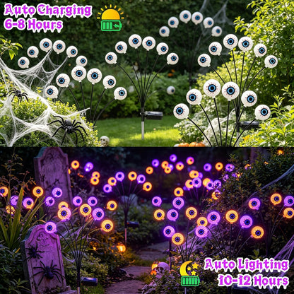 Halloween Decorations Outdoor, 4 Pack 24 LED Purple and Orange Solar Scary Eyeball Swaying Lights, Solar Firefly Light Waterproof Outdoor Lights for Halloween Yard Garden Party