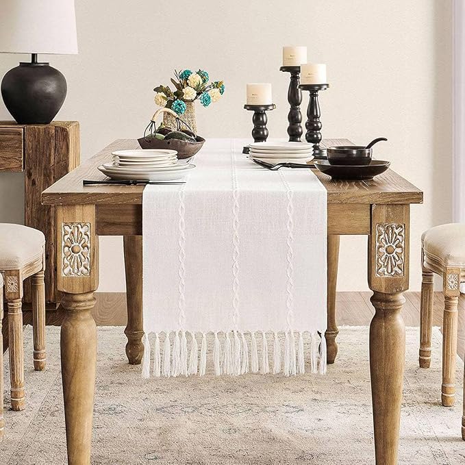 ZeeMart Farmhouse Braided Striped Table Runner, Rustic Ivory Table Runners 90 by ZEEMARTONLINE