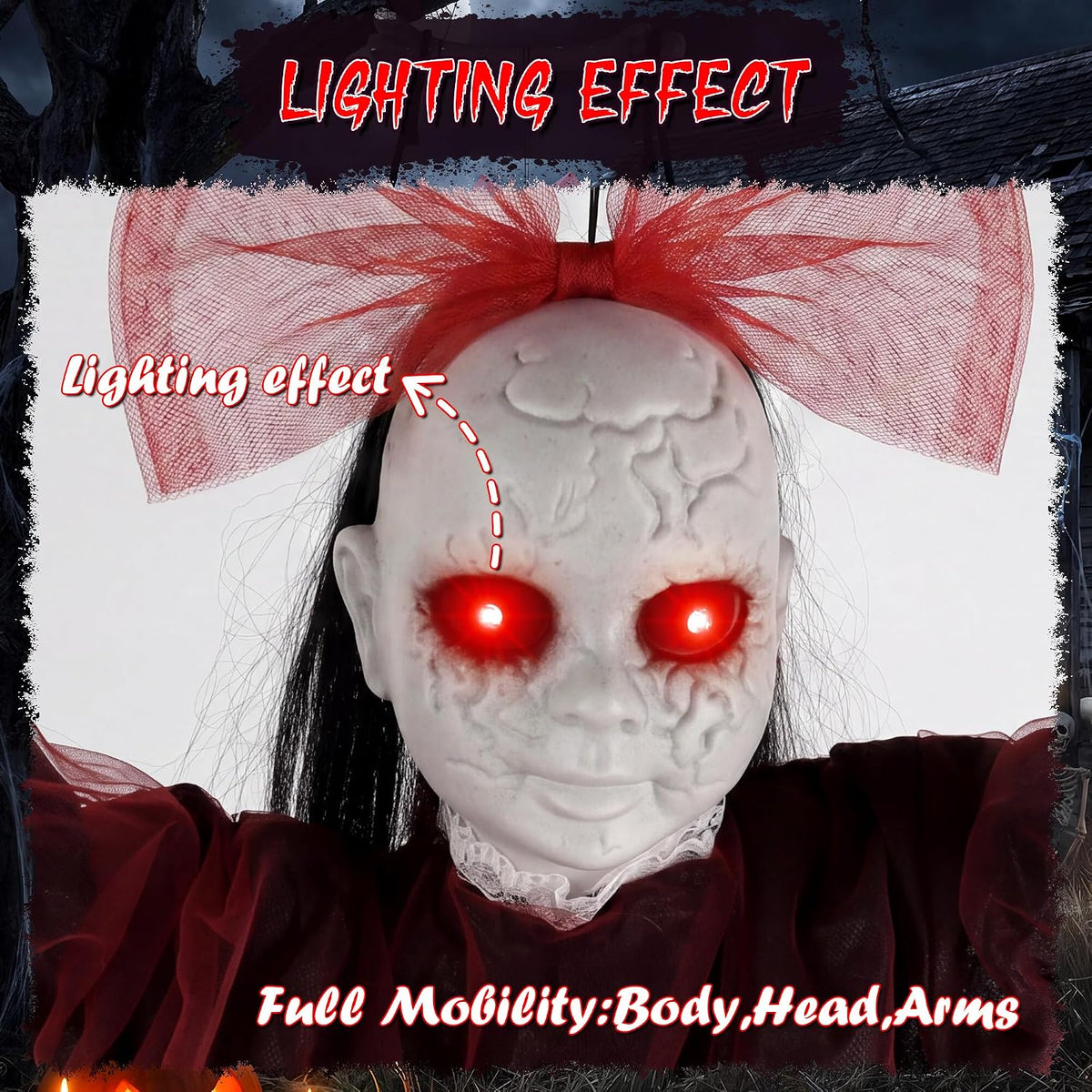 Halloween Decorations Outdoor, Creepy 57” Hanging Swinging Ghost Doll Girl, Sound/Touch Activated Hanging Ghost, Light-Up Red Eyes Halloween Haunted House Prop for Porch Yard Tree Garden Graveyard