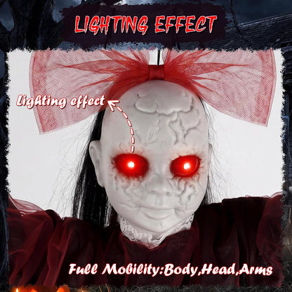 Halloween Decorations Outdoor, Creepy 57” Hanging Swinging Ghost Doll Girl, Sound/Touch Activated Hanging Ghost, Light-Up Red Eyes Halloween Haunted House Prop for Porch Yard Tree Garden Graveyard