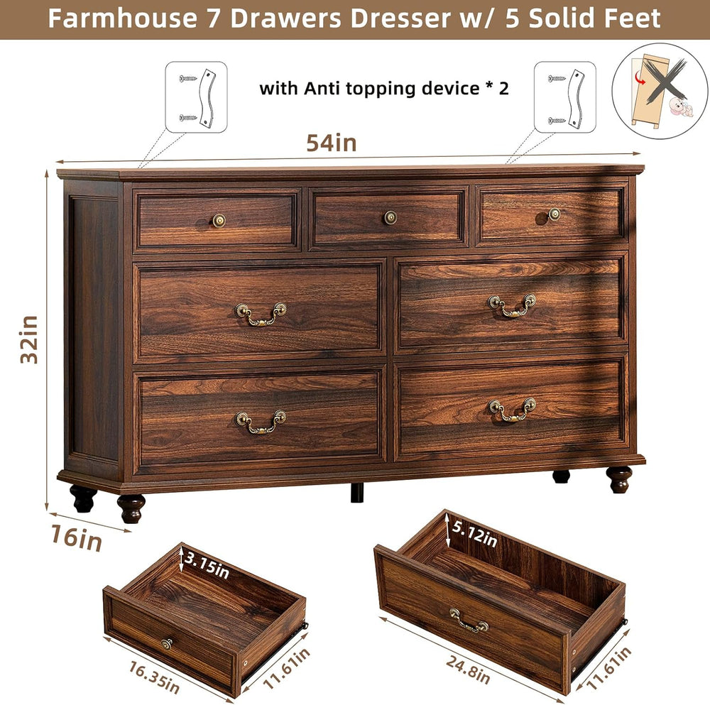 Joaxswe Farmhouse 54" 7 Drawers Dresser for Bedroom, Vintage Wood Chest ...