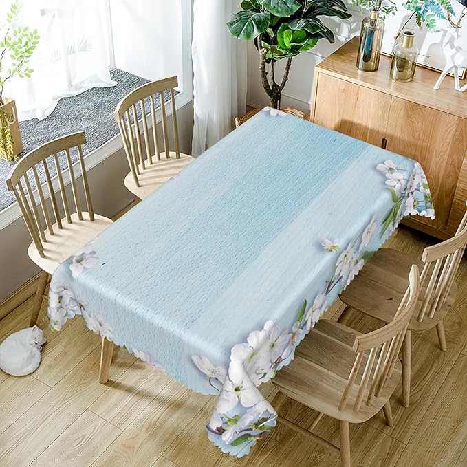 60x84inches Blue Wooden Rectangle Tablecloth Cherry Blossom Flowers Border - Image 5