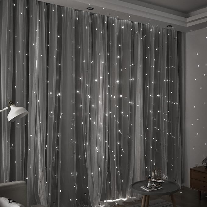 Kinryb Silver Grey 42W x 84L Star Cut-Out Blackout Curtains Decorative - Image 4