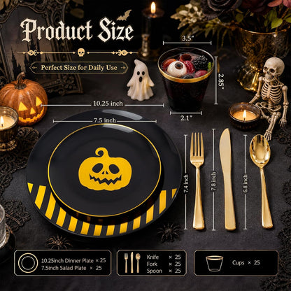 KIRE 25 Guest Halloween Plates Black Gold Plastic Plates Smiley Pumpkin include 50PCS Black &150PCS Gold Plastic Silverware&25PCS Clear Black Cups for Halloween Party