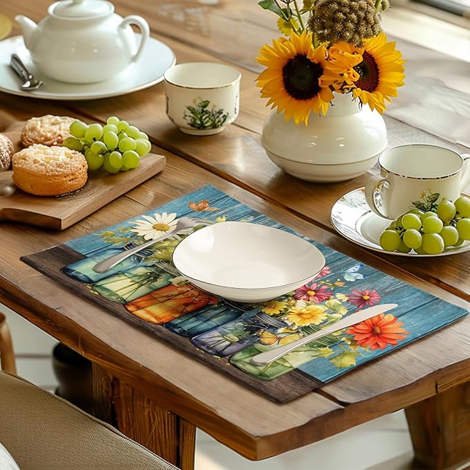 Rustic Daisy Placemats Set of 4 Vintage Flower Vases Wood Grain Linen Table - Image 6