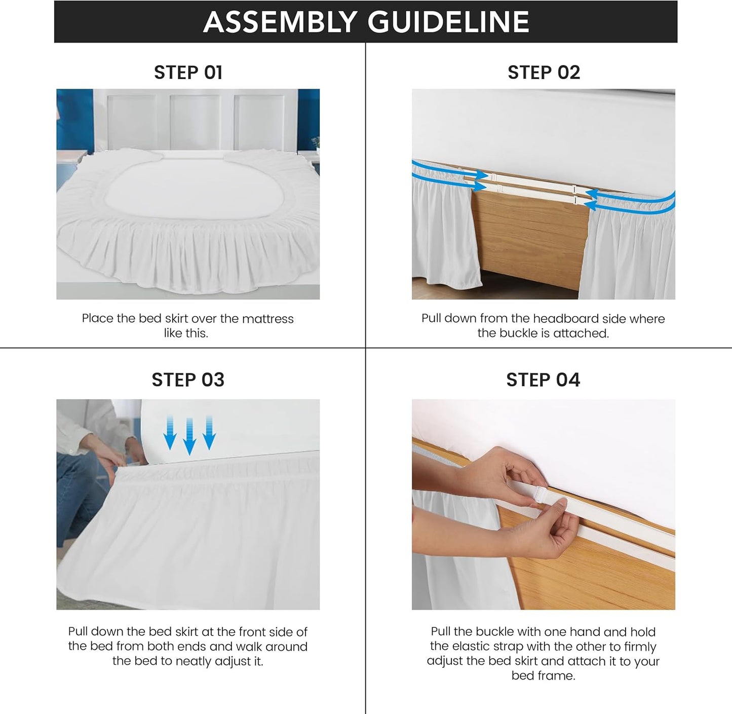 Wrap Around Ruffle Queen Size Bed Skirt – Adjustable Buckle & Elastic Belt for Easy Installation, 16 Inch Drop – Brushed Microfiber - Machine Washable, Fade and Wrinkle Resistant, White