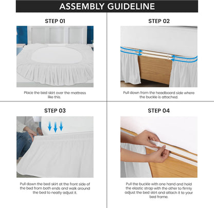 Wrap Around Ruffle Queen Size Bed Skirt – Adjustable Buckle & Elastic Belt for Easy Installation, 16 Inch Drop – Brushed Microfiber - Machine Washable, Fade and Wrinkle Resistant, White