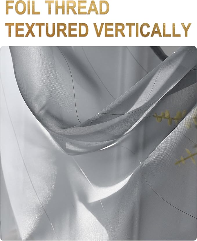 Foil Stripe Grey Sheer Curtains 104 inches Length 2 Panels - Image 2
