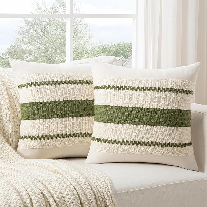 Fancy Homi Set of 2 Boho Moss Green Big Decorative Throw Pillow Cover 24x24 Inch by Fancy+Homi