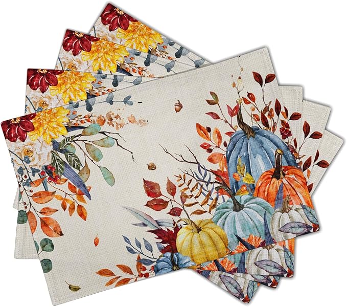 Giwawa Fall Thanksgiving Placemats Set of 4 Watercolor Autumn Pumpkins Floral - Image 2