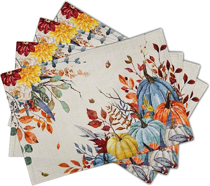 Giwawa Fall Thanksgiving Placemats Set of 4 Watercolor Autumn Pumpkins Floral - Image 2