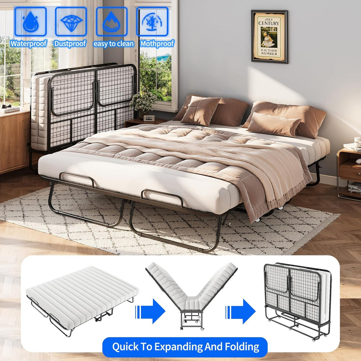 79"x59" folding bed with 5" memory mattress, queen, close-up detail