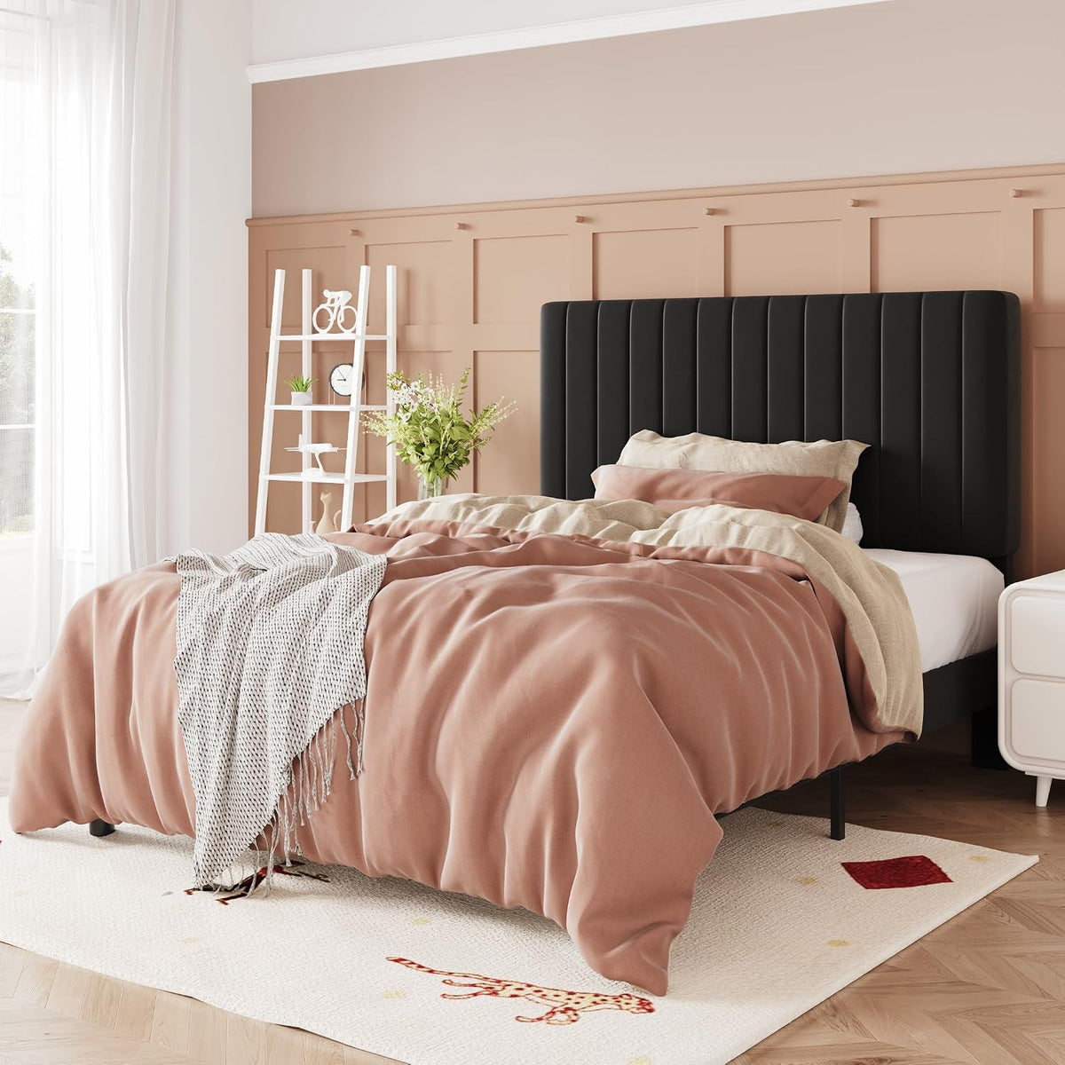 allewie twin bed frame, velvet upholstered platform bed, main product view