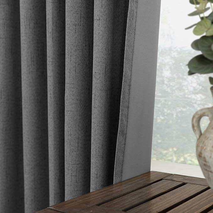 KOUFALL Grey Curtains 132 Inches Long Blackout Linen Back Tab Black Out Pleated - Image 5