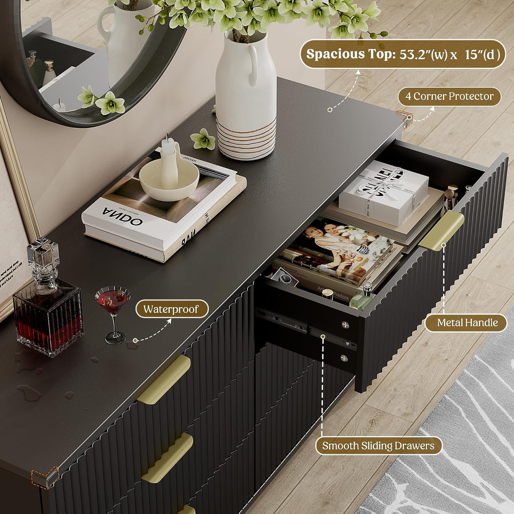 Lulive Wood 6 Drawers Dresser, 53.2" W Fluted Modern Dressers for Bedroom