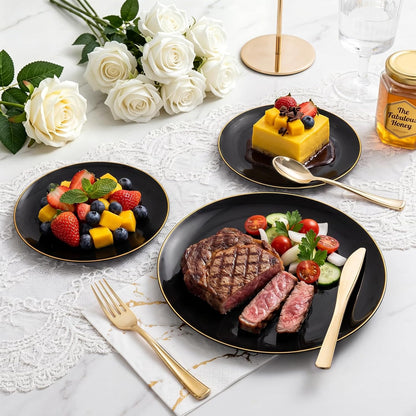YOUBET 125PCS Black Plastic Plates with Gold Rim for Halloween