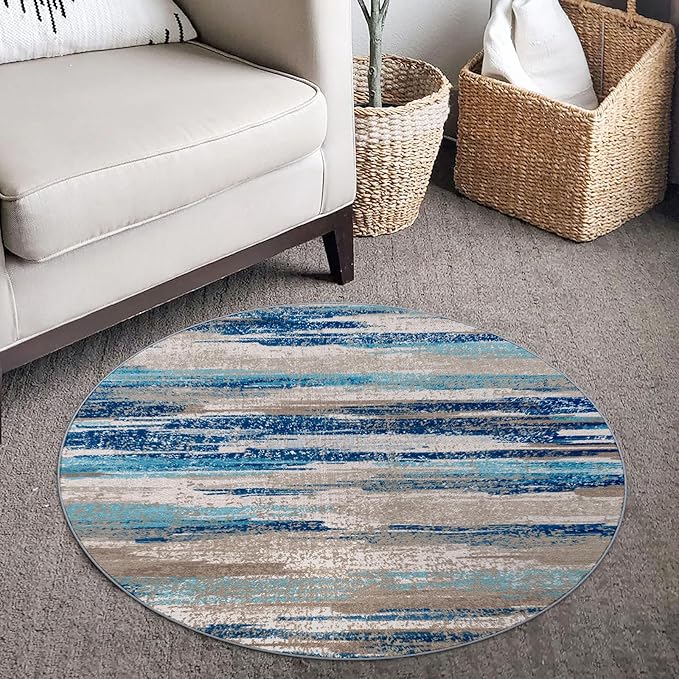 Modern Abstract Round Rug 3Ft, Circular Entryway Rugs Thin Print Faux Wool - Image 2
