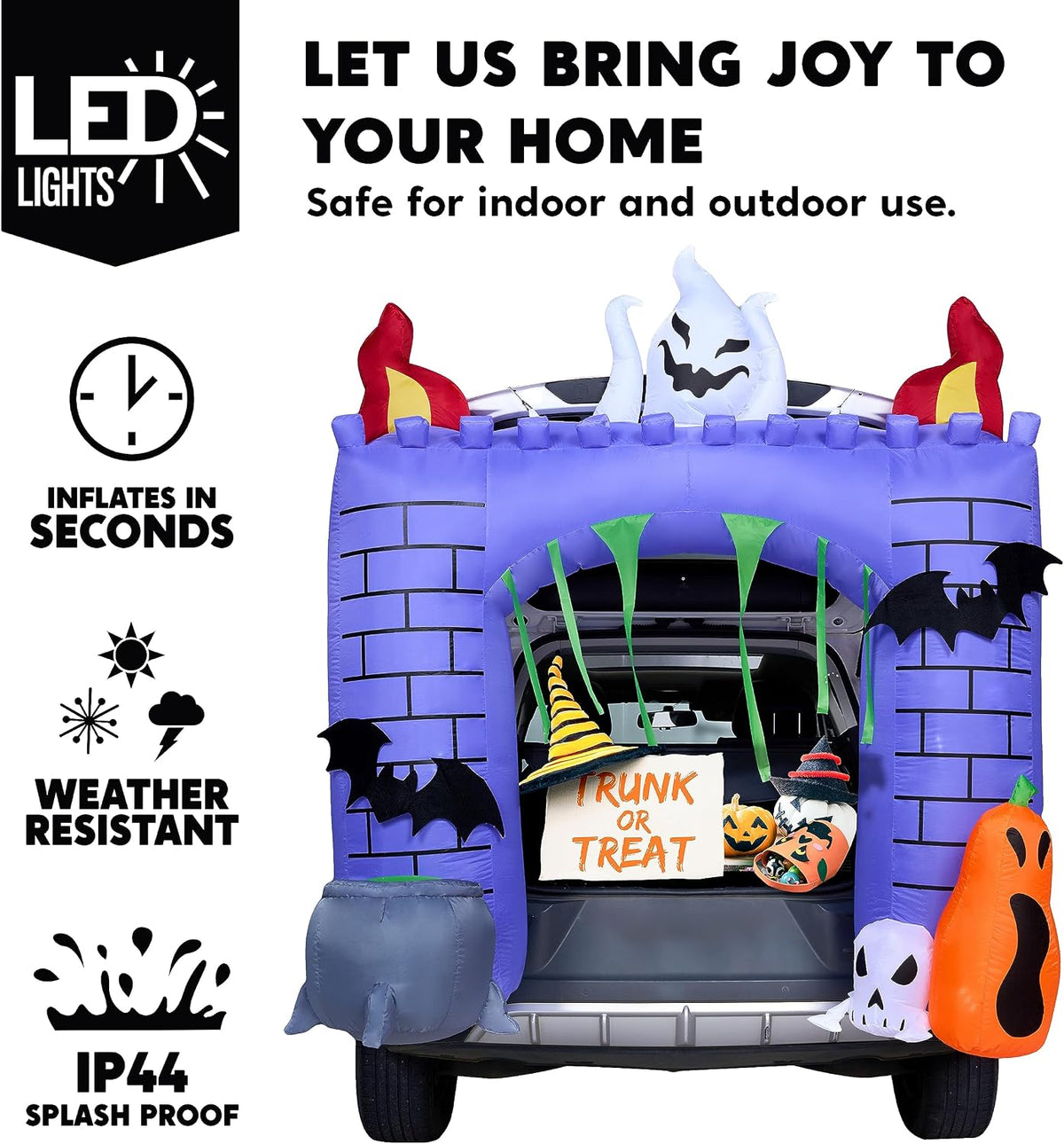 Joiedomi 6 ft Halloween Inflatable Outdoor Decorations, Trunk or Treat Car Decorations, Halloween Blow Ups Haunted Castle with Build-in LEDs, Inflatable Pumpkin and Ghost for Outside Decor