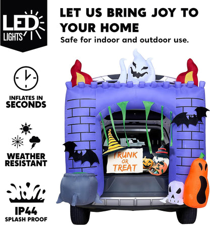 Joiedomi 6 ft Halloween Inflatable Outdoor Decorations, Trunk or Treat Car Decorations, Halloween Blow Ups Haunted Castle with Build-in LEDs, Inflatable Pumpkin and Ghost for Outside Decor