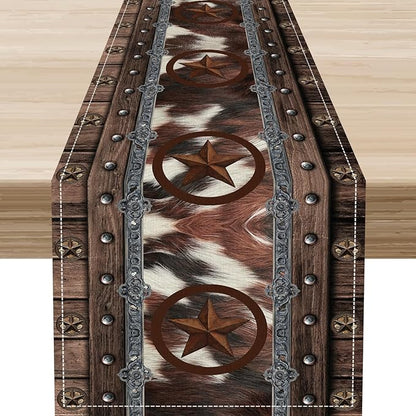 Western Table Runner, Rustic Texas Star Brown Cow Print Skin Cowhide Farmhouse by Unknown