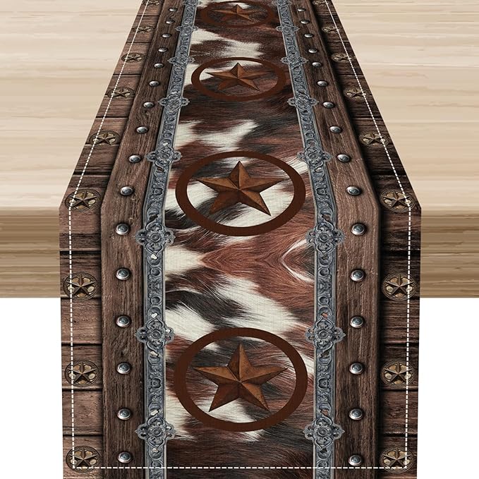 Western Table Runner, Rustic Texas Star Brown Cow Print Skin Cowhide Farmhouse by Unknown