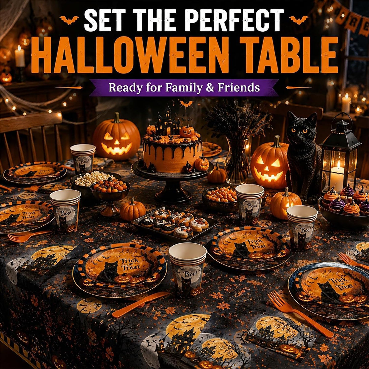 Halloween Party Supplies Plates and Napkins Set, Halloween Disposable Tableware with Dinner Plates, Dessert Plates, Cups, Napkins, Forks & Tablecloth for Halloween Party Decorations, Serves 24
