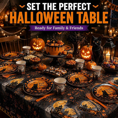 Halloween Party Supplies Plates and Napkins Set, Halloween Disposable Tableware with Dinner Plates, Dessert Plates, Cups, Napkins, Forks & Tablecloth for Halloween Party Decorations, Serves 24