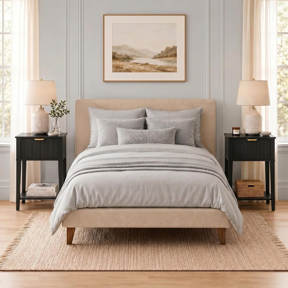 Black 15.4" Wide Small Nightstand with Drawer,Open Shelf,Fluted