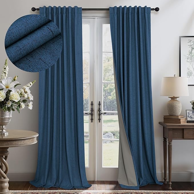 Navy Blue Linen Textured Curtains 90 Inches Long 2 Panels Set Modern Neutral by Pitalk