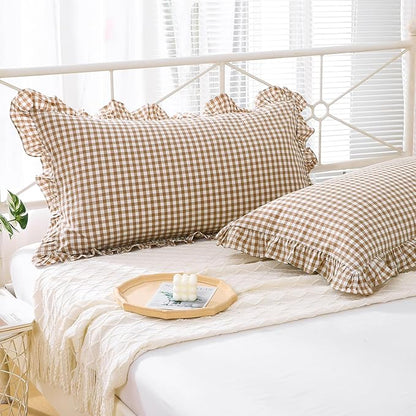 2 Pack Taupe White Plaid Gingham Ruffle Pillow Shams Standard Size, 100% Washed by KMASANIJI