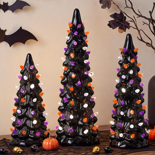 Best Choice Products 3Pc Ceramic Halloween Trees, Pre-Lit Hand Painted Pencil Holiday Tabletop Trees w/Orange Purple & White LED Lights
