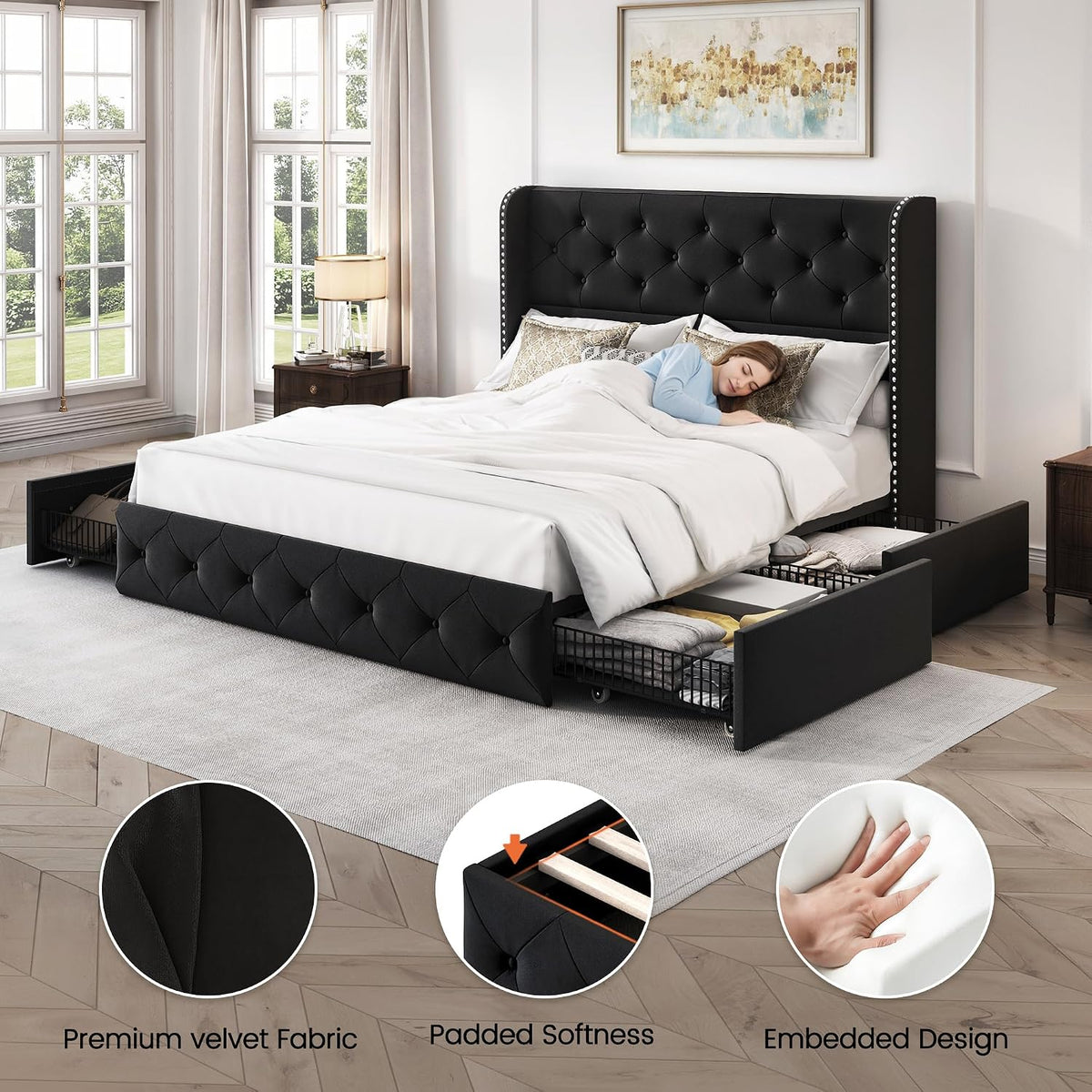 larmace full size bed frame with 4 storage, front angle view