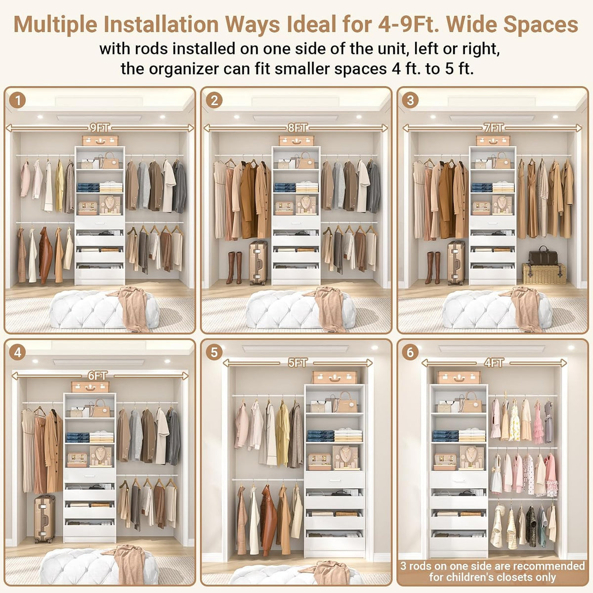 aheaplus closet system, 4-9ft closet organizer with 4, side view