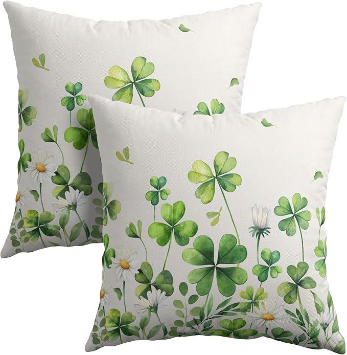 Saint Patrick Day Throw Pillow Covers Lucky Clover Shamrocks Daisy Floral by Granbey
