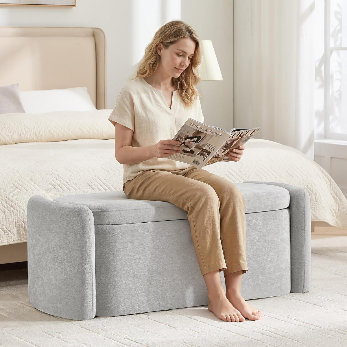 oval ottoman bench with 20 gal of storage on a desk or shelf