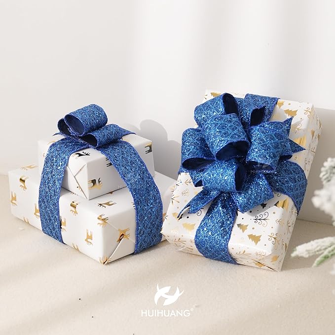 HUIHUANG Navy Blue Wired Ribbon 2.5 inch Glitter Diamond Mesh Wire Edge Ribbon - Image 3
