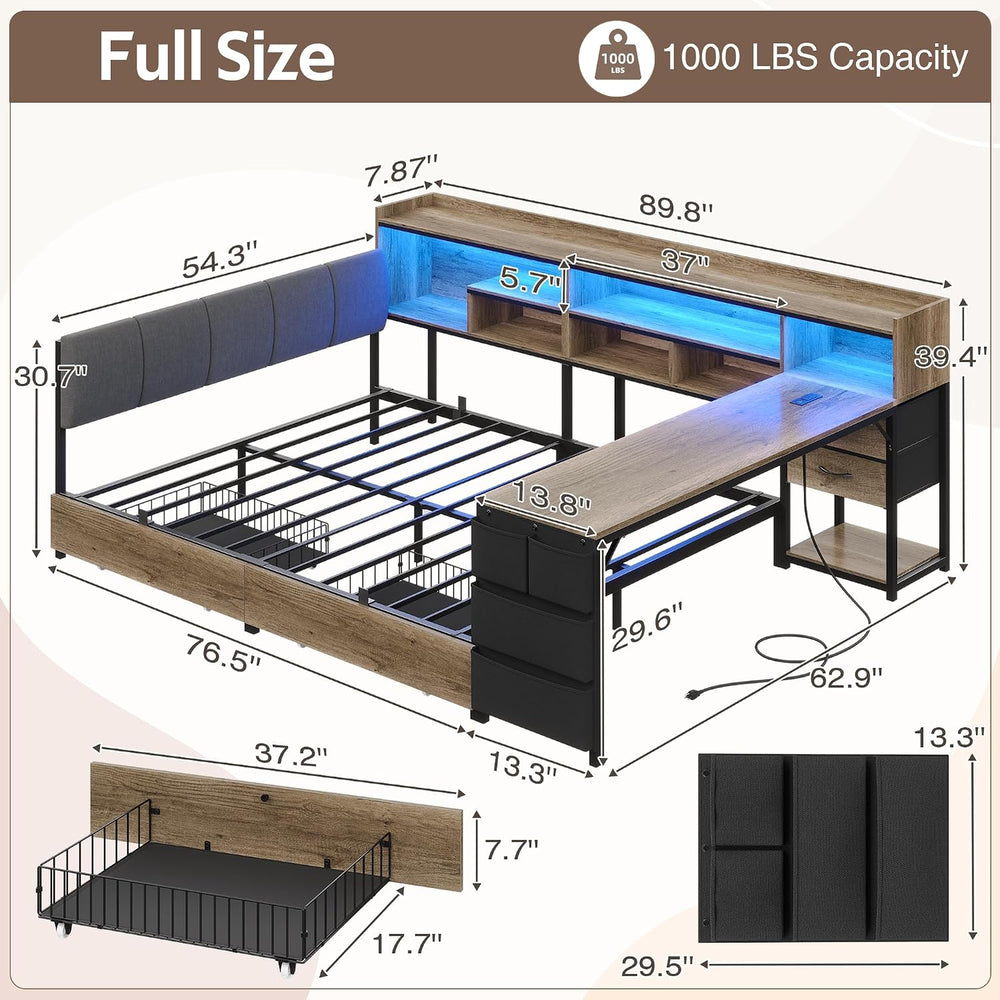 Space-Saving Corner Bed Frame Full with Storage & Desk, Oak Gray