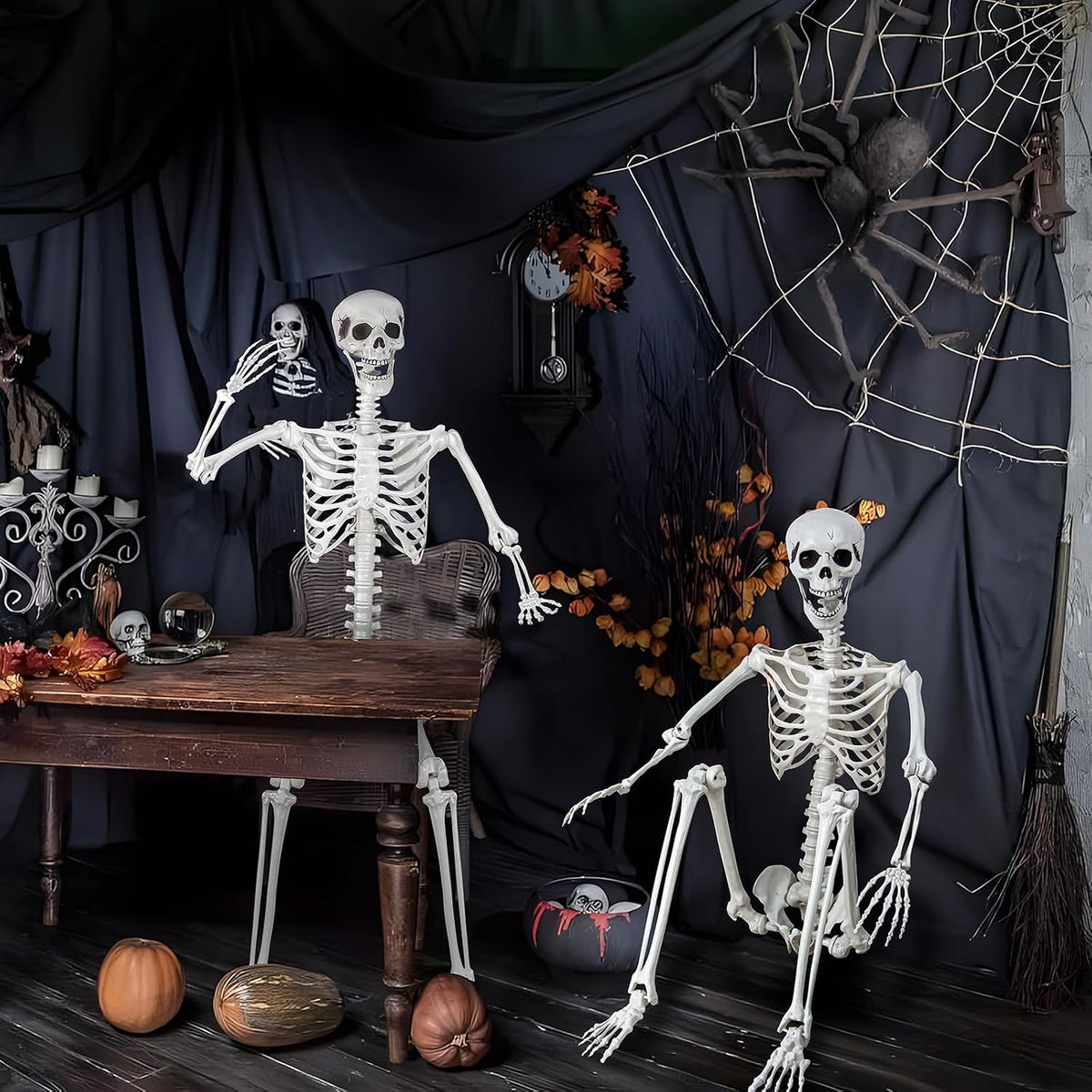 5.9ft/180cm Posable Halloween Skeleton, Life Size Skeleton Bones with Movable Joints for Halloween Graveyard Haunted House Spooky Scene Decor, 1pc