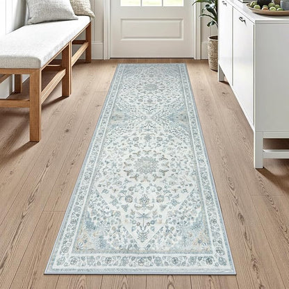 Moynesa Vintage Washable Blue 2x6 Hallway Runner Rug, Neutral Distressed - Image 2