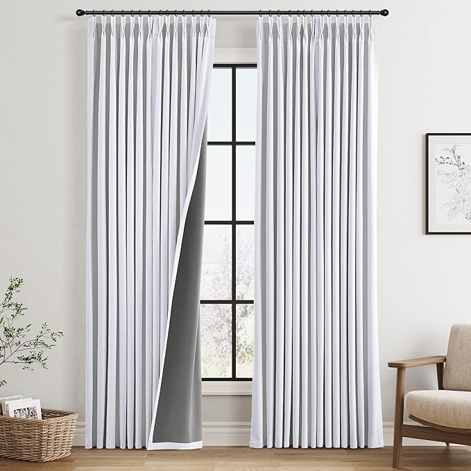 Pinch Pleated 100% Blackout Curtains 90 Inches Long 2 Panels Pure White Pinch by Joywell