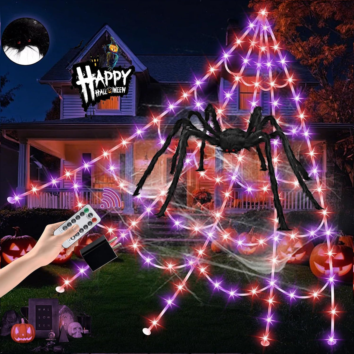 Halloween Spider Web Lights 550 LED Lighted Spider Web 16.4Ft Giant Halloween Decorations Light up with 8 Lighting Modes Waterproof & Timer for Indoor Outdoor House Haunted Yard Decor, Orange & Purple