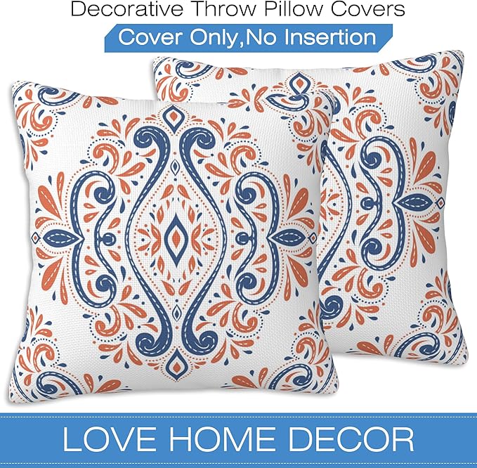 Throw Pillow Covers Blue and Orange Floral Pillow Covers 16x16 Inch Set of 2 - Image 3